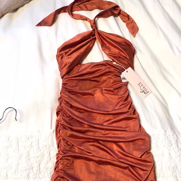 Knot Detail Cut Out Runched Mini Dress- Rust colour - Picture 3 of 3